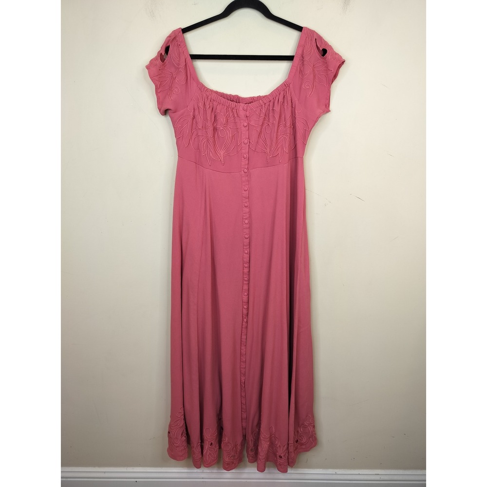 Torrid Pink Floral Embroidered Dress 1X Plus Off Shoulder Button Front Flowy